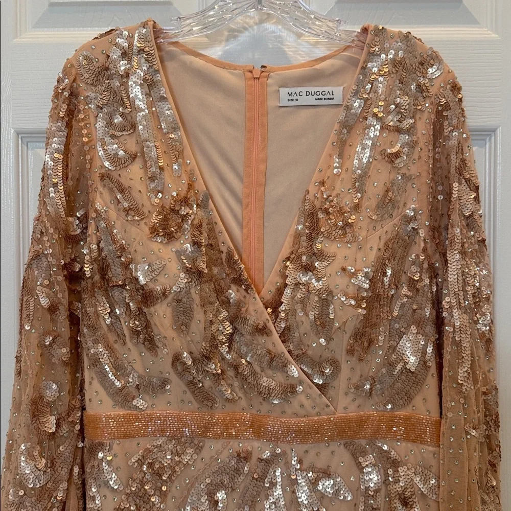 Mac Duggal 5222 Pink Sequined Faux Wrap Split Long Sleeve Gown Size 10 NWOT - Picture 6 of 10